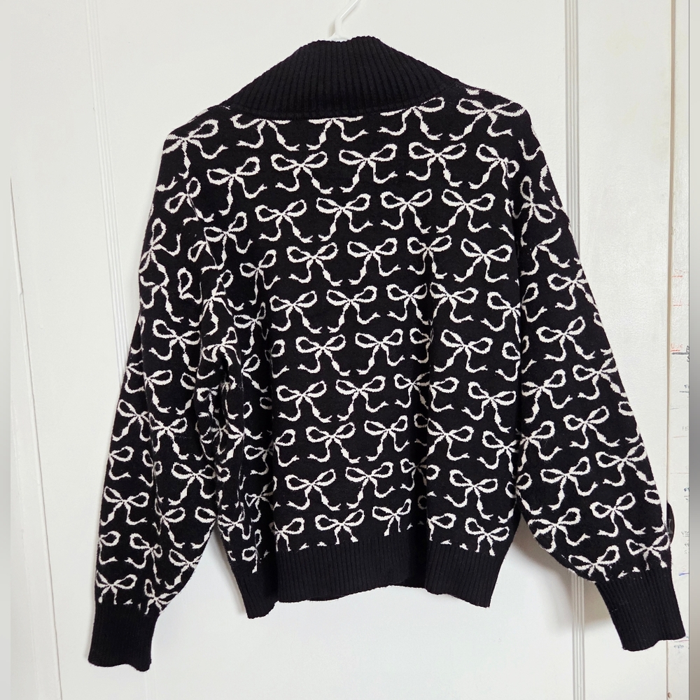 Maeve Anthropologie The Montana Mock-Neck Half-Zip Sweater‎ Black Bow Print Sz M - Picture 5 of 11